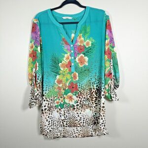 Soft Surroundings Medium Teal Floral Animal Print Sheer Long Sleeve Tunic Blouse